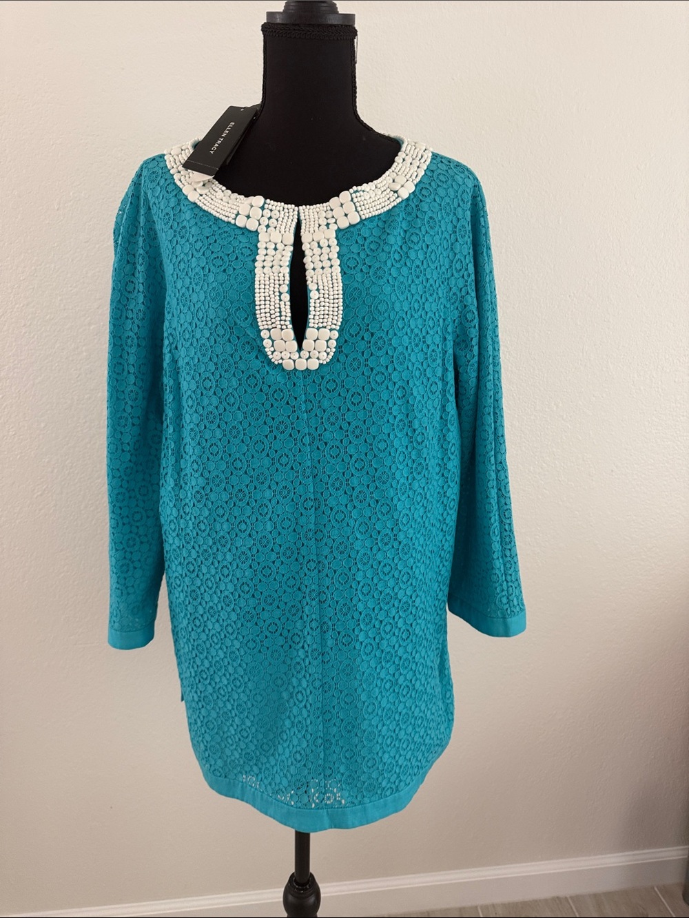 Ellen Tracy Teal Lace Tunic with Beaded Neckline